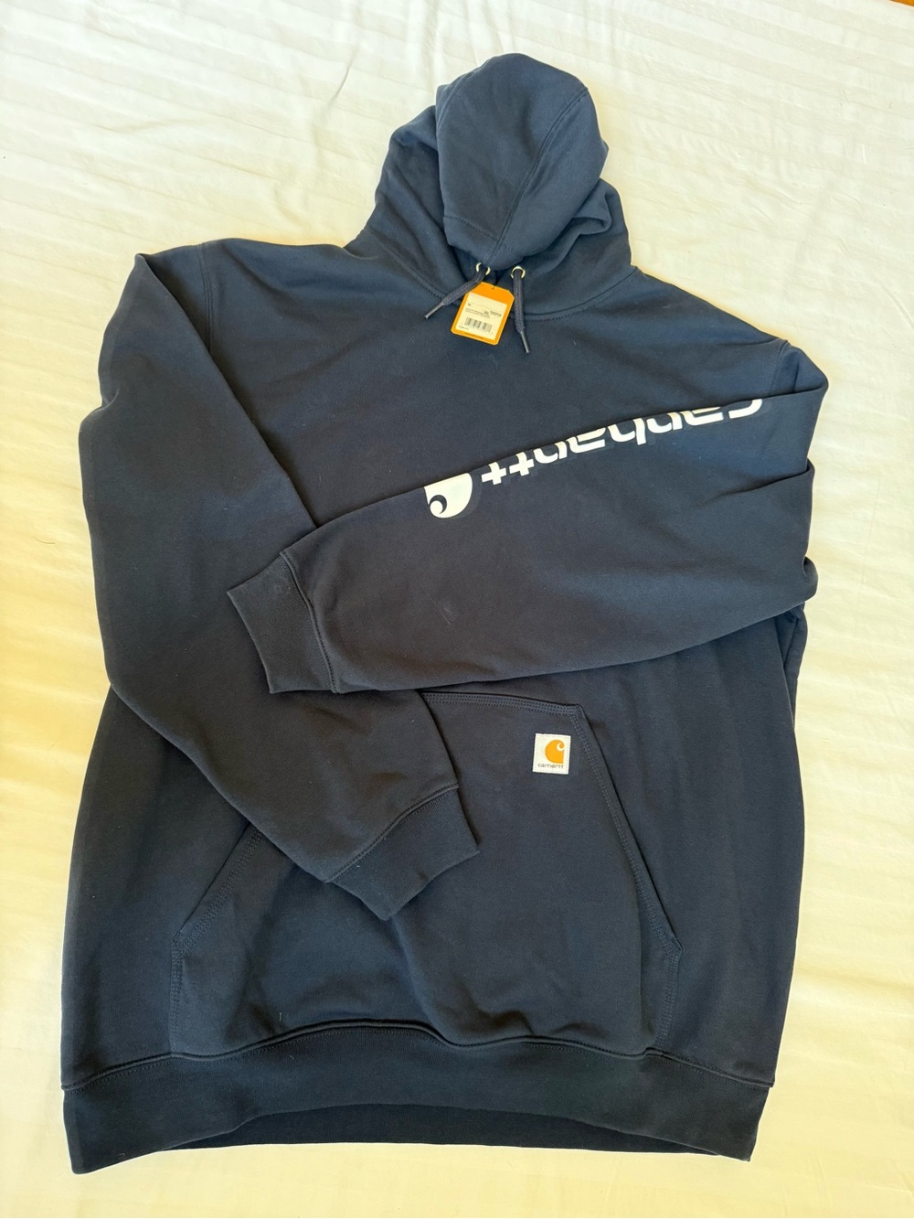 NWT Carhartt Navy Logo Pullover Hoodie with Sleeve Graphic  size XL